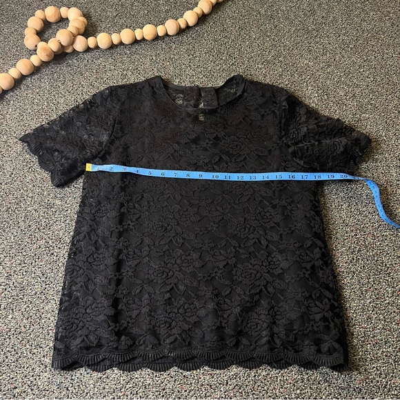 Black Lace Lined Short-Sleeve Blouse Round-Neck Modest Shirt Formal Top Sz S-M - Picture 13 of 16